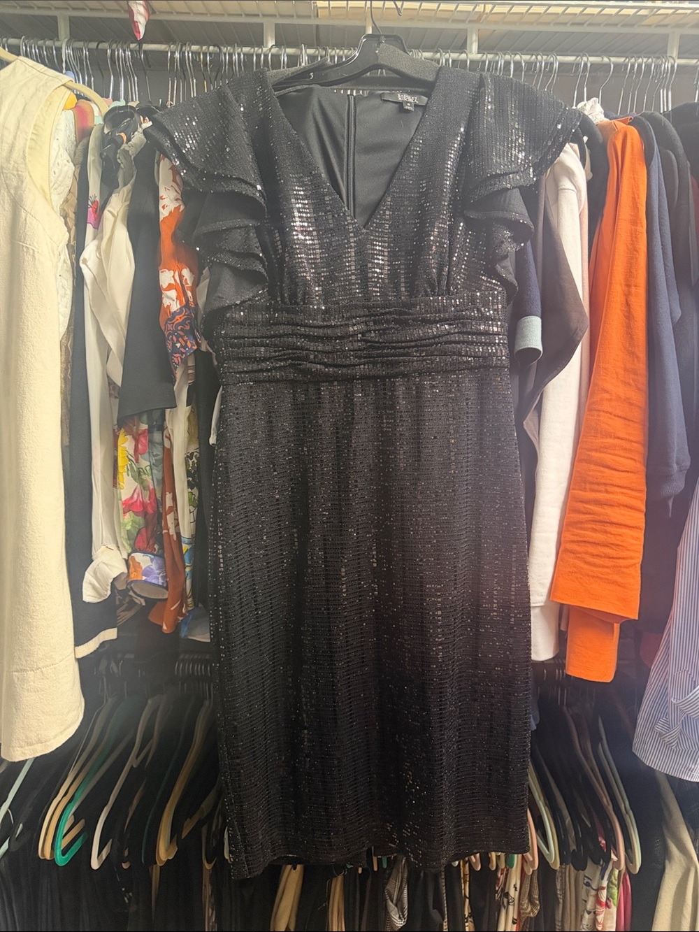 Badgley Mischka Black Sequin Midi Dress with Ruffle Shoulders